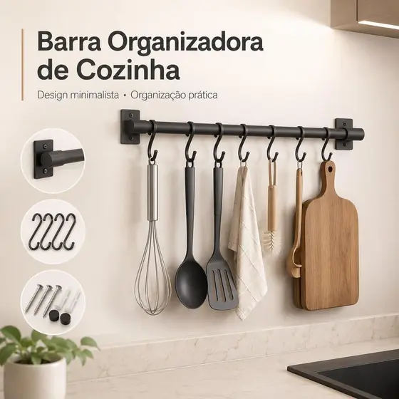 Barra Organizadora de Cozinha Premium com 6 Ganchos – Suporte Multifuncional para Utensílios