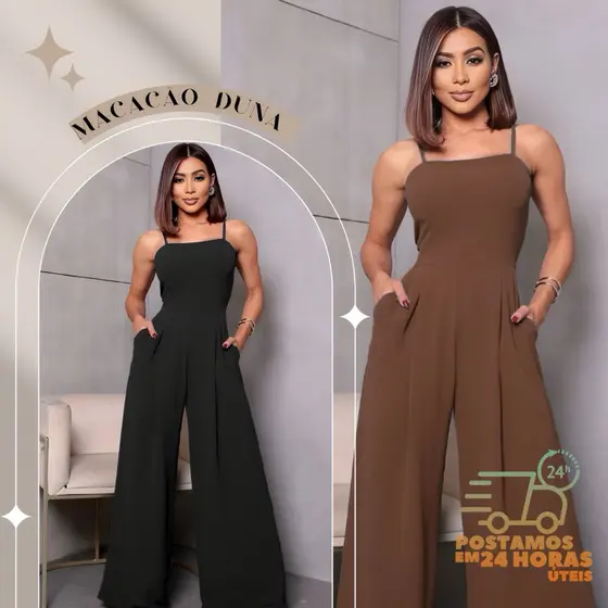 MACACÃO FEMININO PANTALONA COM ALÇA REGULÁVEL TECIDO DUNA TENDÊNCIA