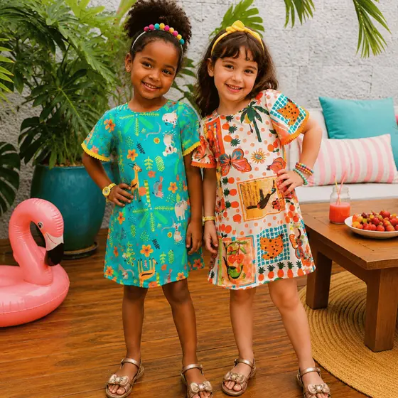 Vestido Infantil  Menina de 3 a 10 anos Manga Curta Estampa Premium