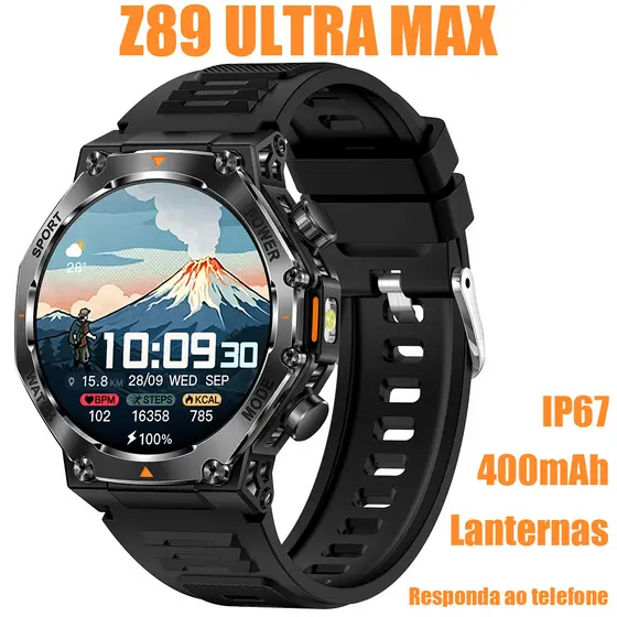 Novo Relógio Inteligente ZW89 Tela 1.43 HD Bateria 400mAh Chamada Bluetooth 100+ Modos Esportivos IP67 com Lanterna