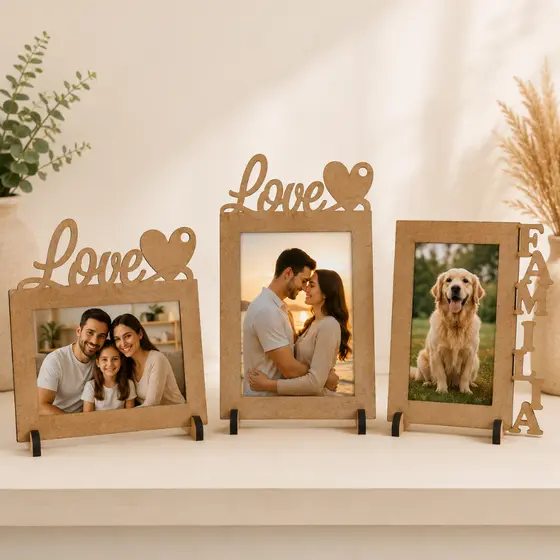 Kit 3 Porta Retratos MDF Decorativos Com Frases Amor Família Te Amo Para Mesa e Decoração