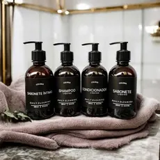 Kit 4 Frascos Âmbar 250ml para Viagem | Shampoo Condicionador Sabonete Líquido | Dispenser Organizador