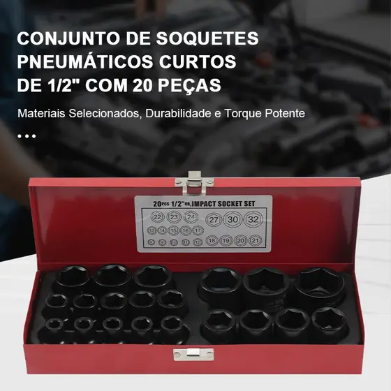 Jogo de soquetes pneumáticos curtos de 1/2 polegada com 20 peças, kit de reparo automotivo