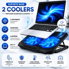 Suporte Base Notebook 2 Coolers Ventilação Silenciosa Ajustável Até 17” Resfriador USB Gamer Home Office