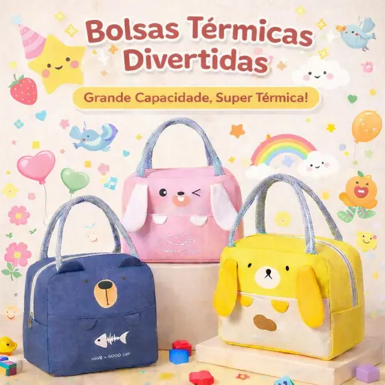 Bolsa Lancheira Térmica Porta Marmita Infantil | Isolamento Térmico | Design Fofo com Orelhinhas | Grande Capacidade