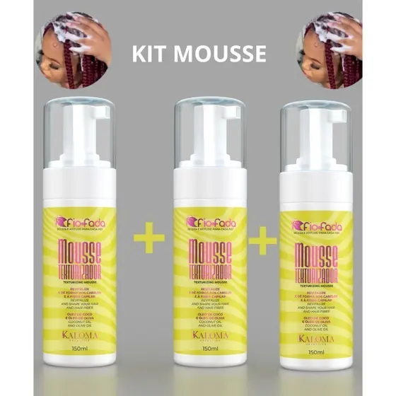 kit com 3 mousses texturizador / espuma Para Cabelos e Texturizador Fibras Fio De Fada 150ml
