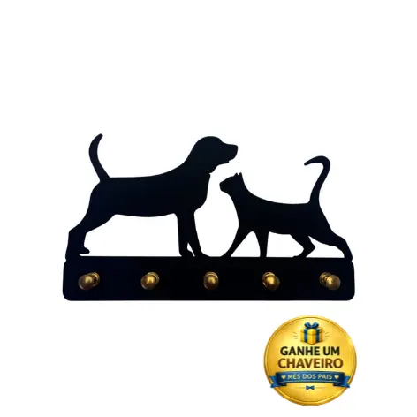 Porta-Chaves Pet Cachorro Grande e Gato MDF Preto 20cm e Chaveiro