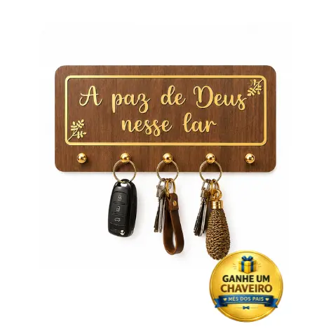 Porta-Chaves A Paz De Deus Nesse Lar MDF Marrom Dourado e Chaveiro