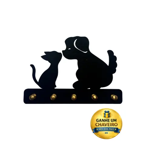 Porta-Chaves Pet Gato e Cachorro Pequeno MDF Preto 20cm e Chaveiro