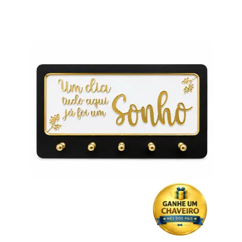 Porta-Chaves MDF Preto com Dourado e Fundo Branco 27cm com Fita Dupla Face e Acompanha Chaveiro