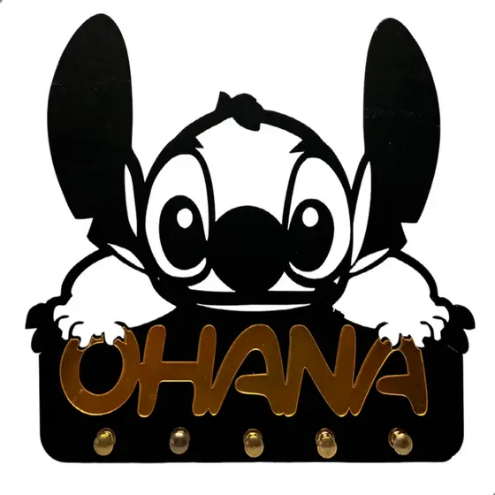 Porta-Chaves MDF Preto com Dourado OHANA 23cm Acompanha Chaveiro