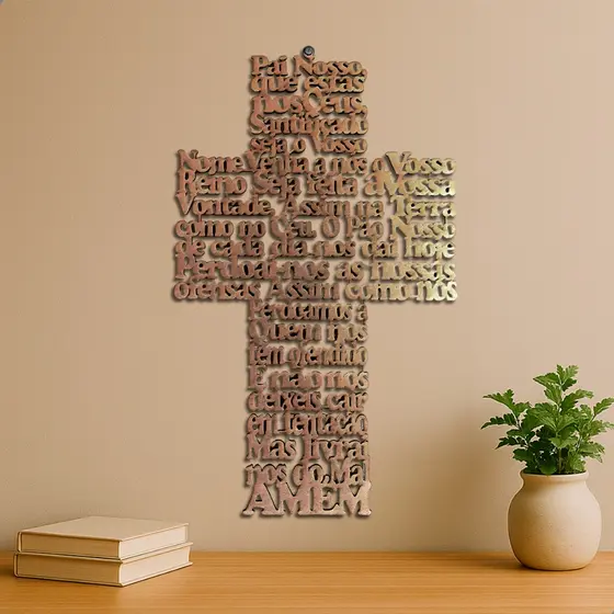 Quadro Cruz Oração Pai Nosso MDF Cru 50x30cm Corte a Laser para Parede