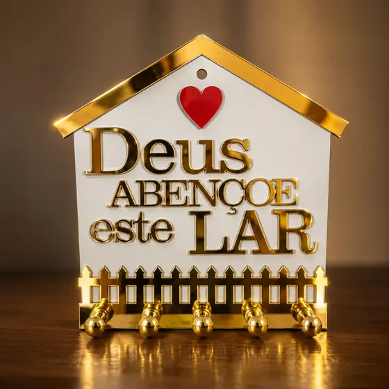 Porta-Chaves Deus Abençoe Este Lar ACM Branco Dourado 5 Ganchos