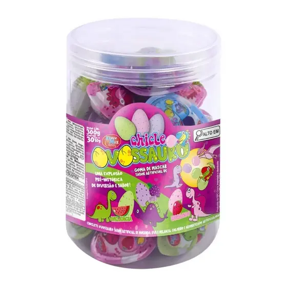 CHICLETE OVOSSAURO POTE C/30UN ×10G SABORES: UVA, MORANGO, MELANCIA E BLUEBERRY