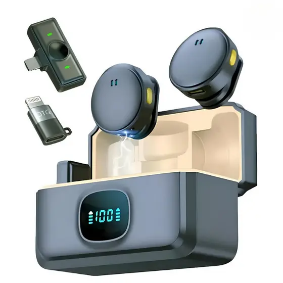 Microfone De Lapela Sem Fio Magnético Com Caixa e 2 Mics