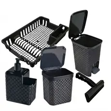Kit Cozinha Multiuso Lixeira Porta Dergentente Rodo Escorredor Organizador Casa - 3/4/5 Peças rattan