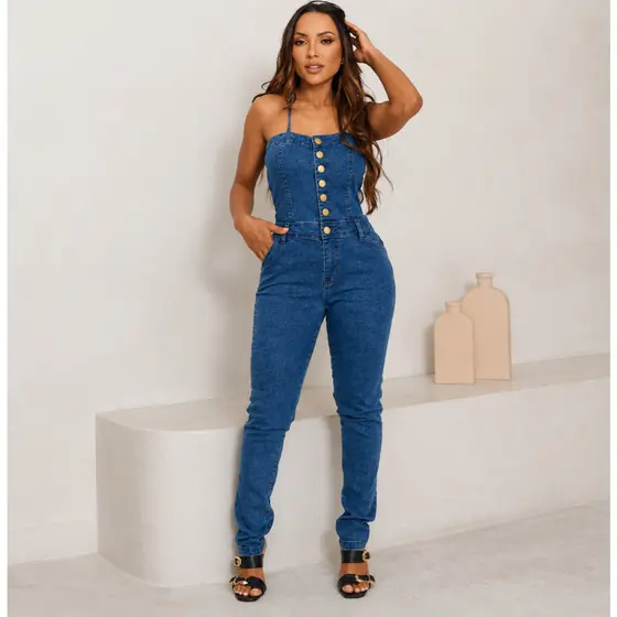 PROMO 9.9 Macacão Feminino Jeans com lycra - Várias cores - Tecido resistente