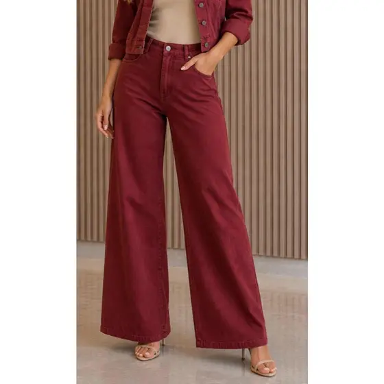 Calça Jeans Wide Leg Marsala Cintura Casual e Sofisticada - Tecido Premium