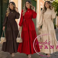Vestido Longo Feminino Elegante Manga Longa Gola Alta com Faixa –  Solto com Babados e Punho com Elástico