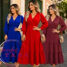 Vestido Longo Feminino Elegante Manga Longa Decote V Cintura Marcada Festa Casual Chic