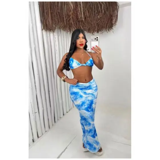 Conjunto Feminino Top Cropped + Saia Longa Mesclado em Malha Fluit Tendência