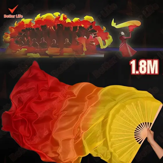 Leque longo profissional para dança - 1,8m de seda leve com degradê vermelho e amarelo, para apresentações,envio rápido