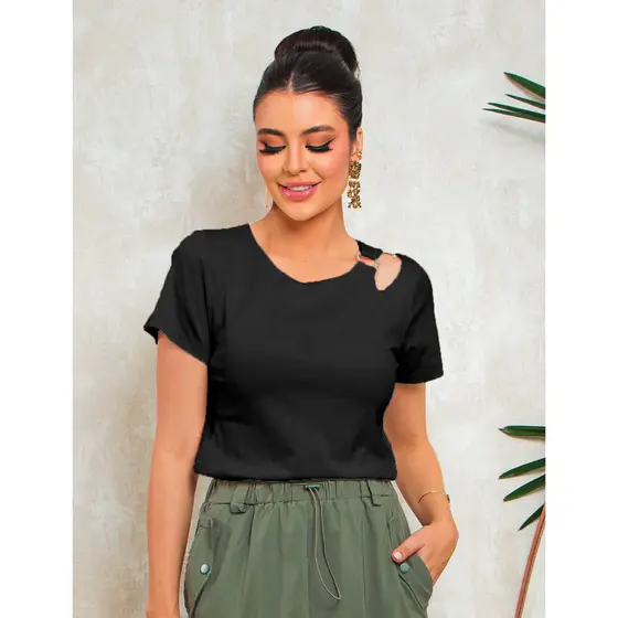 Blusa feminina com detalhe no ombro/confortável Bela Pink B1436