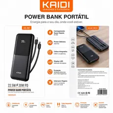 10000mAh Bateria Portátil Power Bank com 2 cabos incorporado Carga rápida KAIDI KD-961