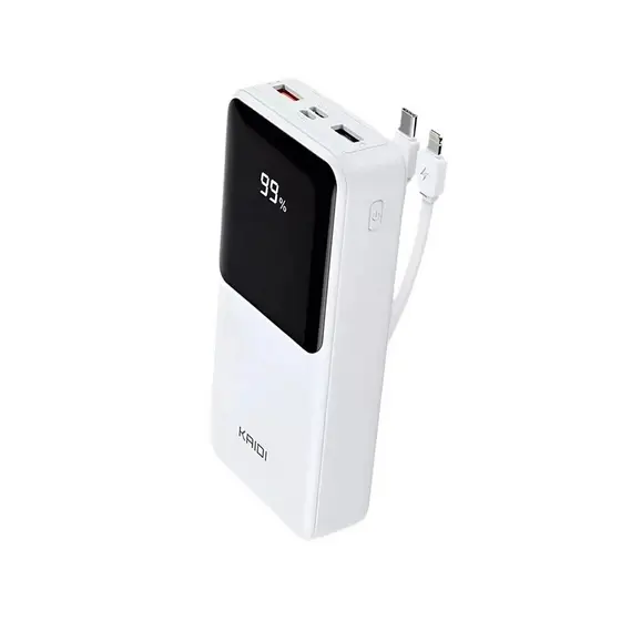 Power Bank KAIDI 20000mAh Portátil | 22.5W Turbo + 20W PD Cabos Tipo-C e Lightning Integrados | Display Digital KNC-232