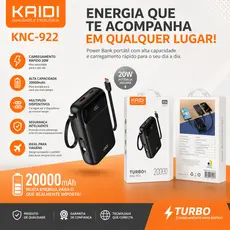 20000mAh Bateria Portátil Power Bank Turbo cabo embutido KAIDI KNC-922