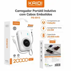 KAIDI Power Bank 20000mAh Magnético Sem Fio 15W, PD 20W / 22.5W Turbo, Cabos Embutidos Tipo-C e Lightning (PB-8915)