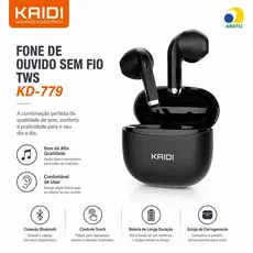 KAIDI KD-779 Fone de Ouvido Bluetooth TWS Sem Fio | Som HiFi | Bluetooth 5.4 | Estojo de Carregamento | Preto