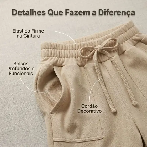 Calça Pantalona Moletom Feminina Flanelada Wide-Leg Cintura Alta Conforto Tendencia Casual