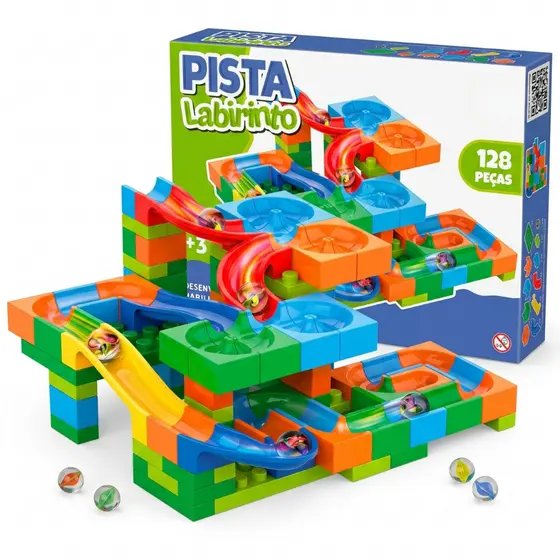 Pista Labirinto Bolinhas Blocos Montar 128 Peças Educativo +3 Anos Criativo Infantil