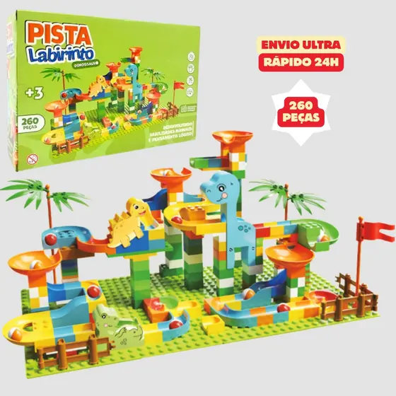 Pista Labirinto Dinossauro Blocos De Montar Mágica 260 Peças Escorrega Bolinha Educativo