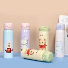 Garrafa Térmico em Aço Inox com Canudo e Desenho Kawaii Garrafa de Água