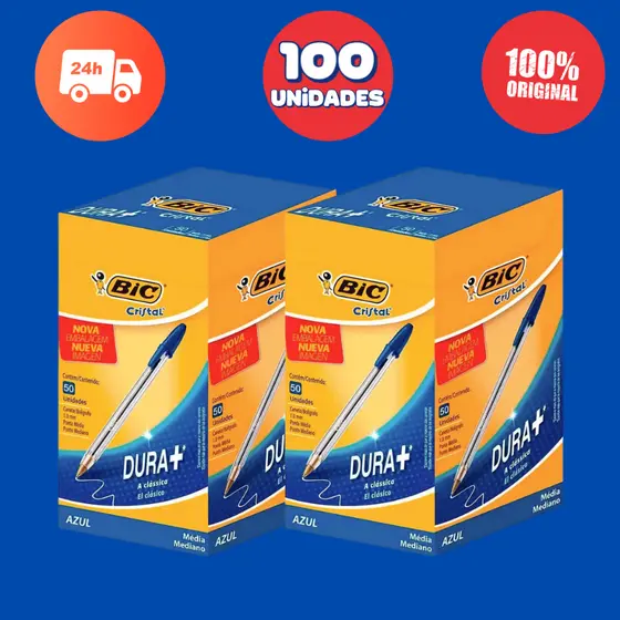 Kit 2x Caneta Bic Cristal Azul Vermelha Preta 50 ou 100 Canetas escolha seu kit