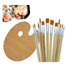 Kit 12 Pincéis Artesanato Pintura Ponta Fina Chata + Paleta de Madeira Yins Paper