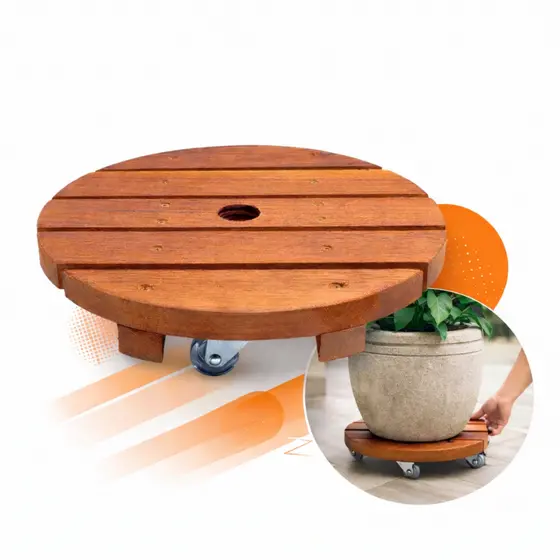 Suporte Para Vaso De Planta Redondo Rodinhas Cristal 25 Cm Marrom Lisa