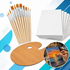 Kit Pintura Completo 12 Pincéis + Paleta Madeira + 10 Telas 10x15cm Artesanato  + Variação Tinta