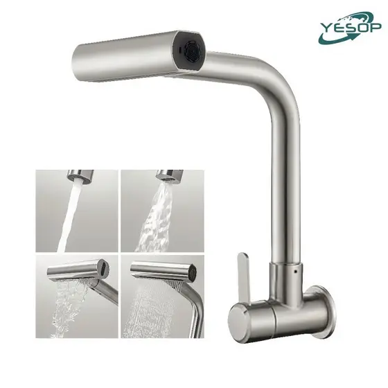 YESOP Torneira Cozinha Parede Gourmet 4 Modos Água Cascata Aço Inox 304 Escovado Luxo 1/4 Volta