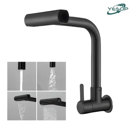 YESOP Torneira Cozinha Parede Gourmet 4 Modos Água Cascata Aço Inox 304 Preto Fosco Luxo 1/4 Volta