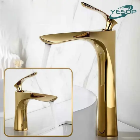 YESOP Torneira Para Banheiro Monocomando Cascata Dourada Ouro Luxo Inox 304 Misturador Quente Frio