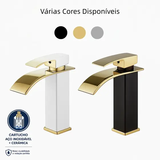 Torneira Banheiro Monocomando Aço Inox 304 Luxo Lavatório Preta e Dourado Bica Alta / Baixa Yesop