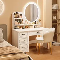 Penteadeira Camarim Luxo com Espelho LED Oval 4 Gavetas Yesop Branca