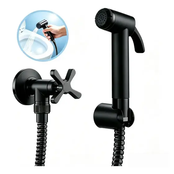 Ducha Higiênica Preto Metal Banheiro Completa com Registro 1/4 Volta Gatilho Metal Mangueira Cromada 2m Moderna
