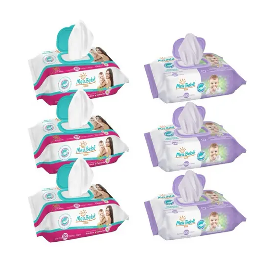 KIT TOALHA UMEDECIDA MEU BEBÊ 600 FOLHAS MISTO 3 PACOTES ULTRA COM 100 FOLHAS E 3 PACOTES SOFT COM 100 FOLHAS