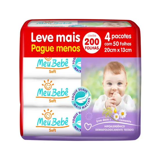 PACK TOALHA UMEDECIDA MEU BEBÊ SOFT 200 FOLHAS (4UNDX50FLS) KIT LENÇO UMEDECIDO