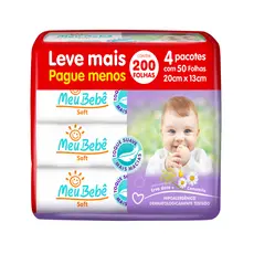 PACK TOALHA UMEDECIDA MEU BEBÊ SOFT 200 FOLHAS (4UNDX50FLS) KIT LENÇO UMEDECIDO