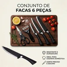 kit 6 facas Profissionais  Aço Carbono Inclui Cutelo, Descascador e Tesoura para Cozinha